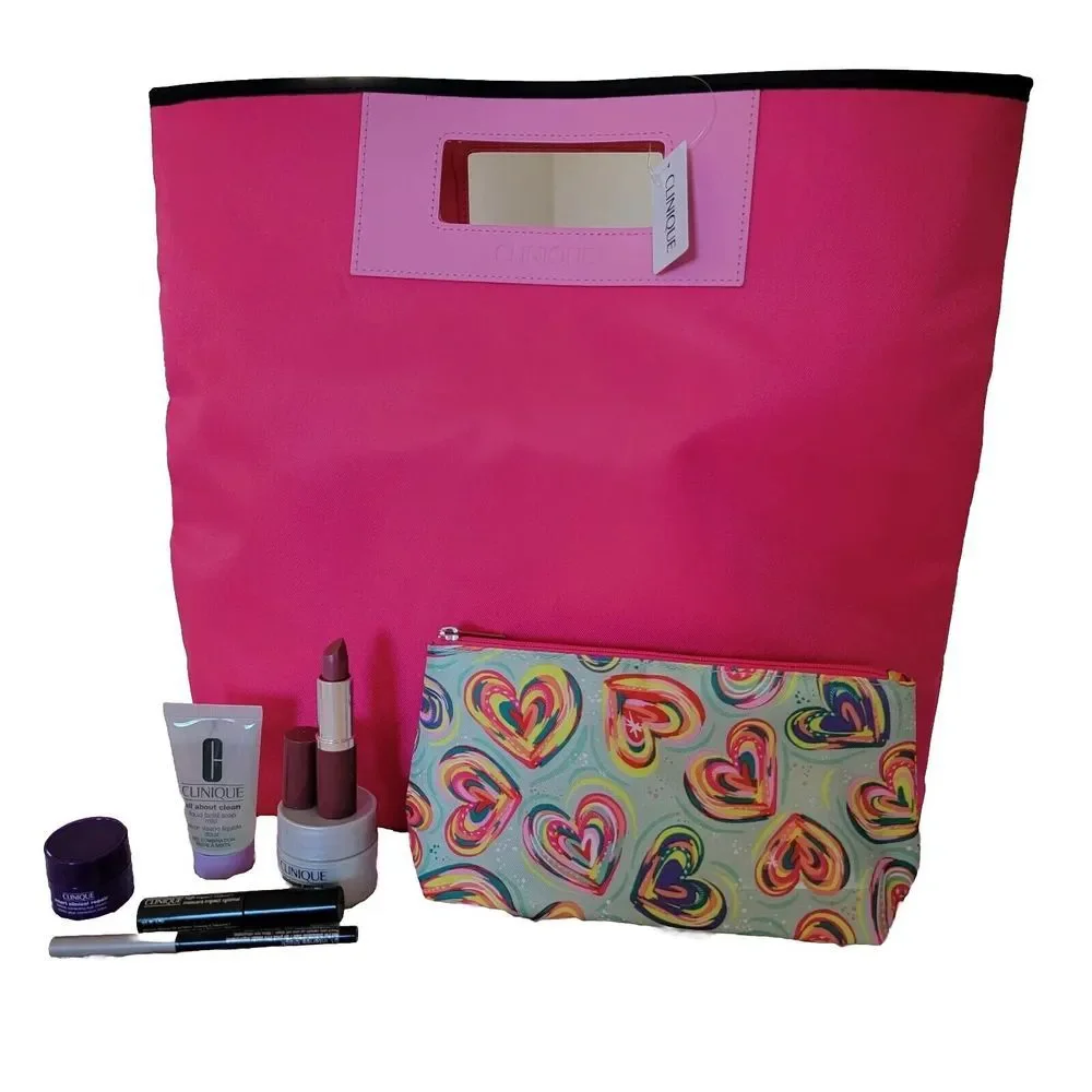 Clinique BIG pink tote bag, Cosmetics bag & makeup set with‎ Travel & Full Size!